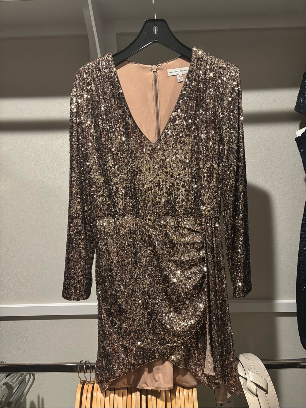 Dress the Population Bronze Sequin V-Neck Long Sleeve Dress